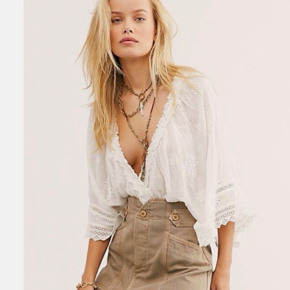 Free People Love Somebody Lightweight White Embroidered Eyelet Lace Blouse - Picture 2 of 7
